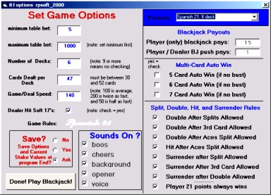 Spanish 21 options illustrated usage on game option page
