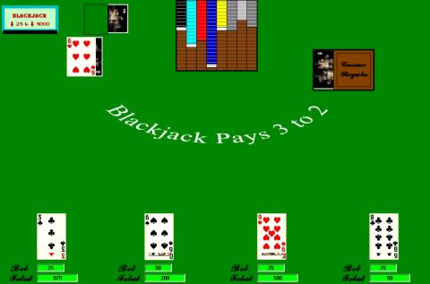 blackjack game table with 4 player hands and dealers hand