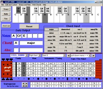 steel guitar or dobro chord usage of the musicord software program