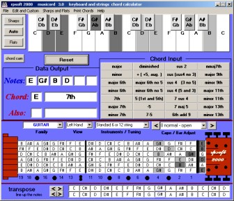 screen shot of musicord software showing left handed guitar